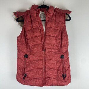 Green Tea Women's Faux Fur Lined Vest Size S Red Zip Up Hooded Fall Winter Layer